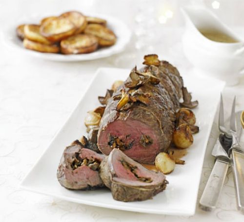 Roast fillet of beef with mushroom stuffing